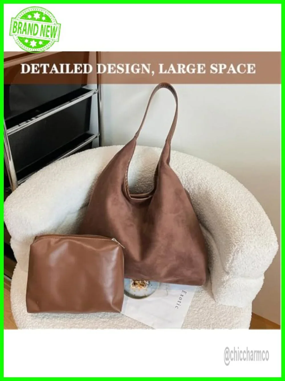 Faux Suede Hobo Shoulder Bag with Magnetic Closure, Tote